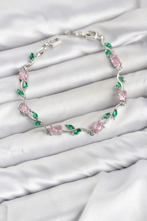 Pirinç Gümüş Renk Pembe Zirkon Taşlı Çiçek Model Kadın Bileklik - EBJ260701W44133
