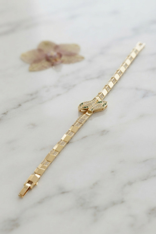 Gold Renk Pirinç Zirkon Taşlı Yılan Model Kadın Bileklik - EBJ260725W44373