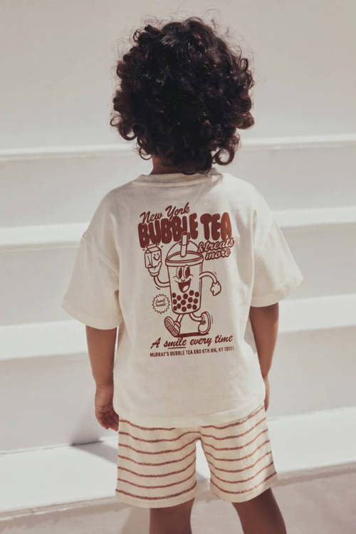Erkek Çocuk Bubble Tea Baskılı Tişört ve Çizgili Şort Takım Kahverengi