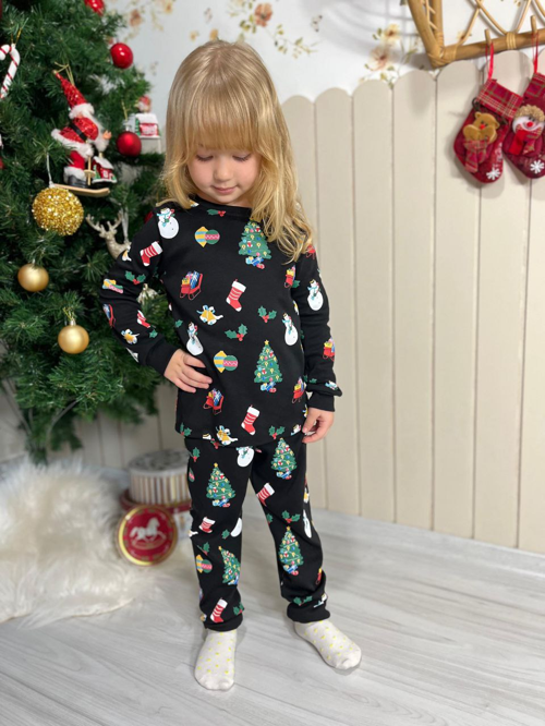 Çocuk Yeni Yıl Temalı Pijama Takımı Siyah