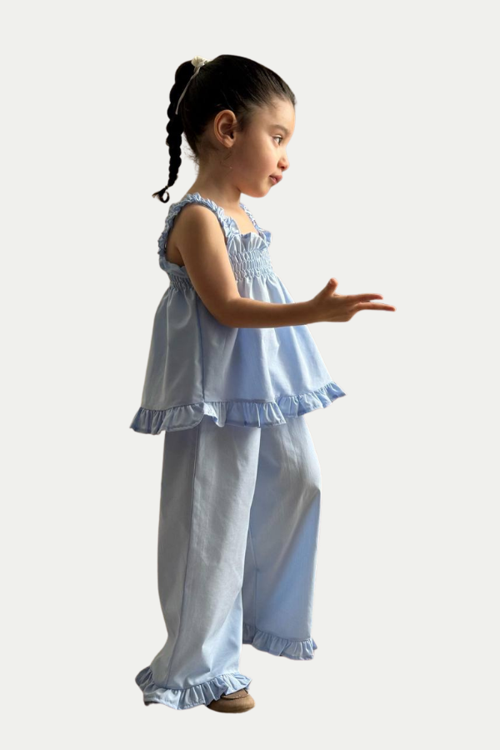 Kız Çocuk Fırfır Detaylı Askılı Bluz ve Pantolon Takım Mavi