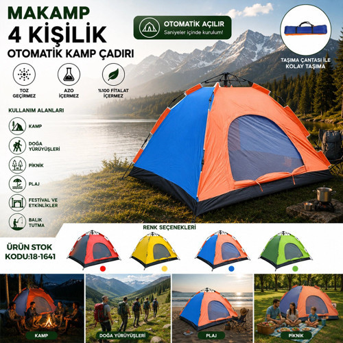 4 KİŞİLİK TOZ GEÇİRMEZ 200CMX200CMX135CM OTOMATİK KAMP ÇADIR HERHANGİ BİR RENK GÖNDERİLİR (5047)
