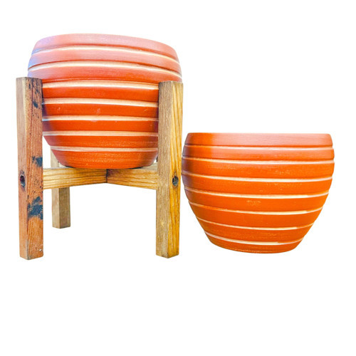 Doğal Beyaz Yan Çizgi Desen Terrakota Toprak Saksı İkili Set 4 Ayaklı-Ayaksız 15 cm