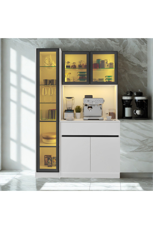 Moon Midi Kahve Köşesi 130 Cm Led Aydınlatmalı Mdf Vitrinli Sol Vitrinli Modern Kahve Köşesi Dolabı Beyaz Kahve Ünitesi
