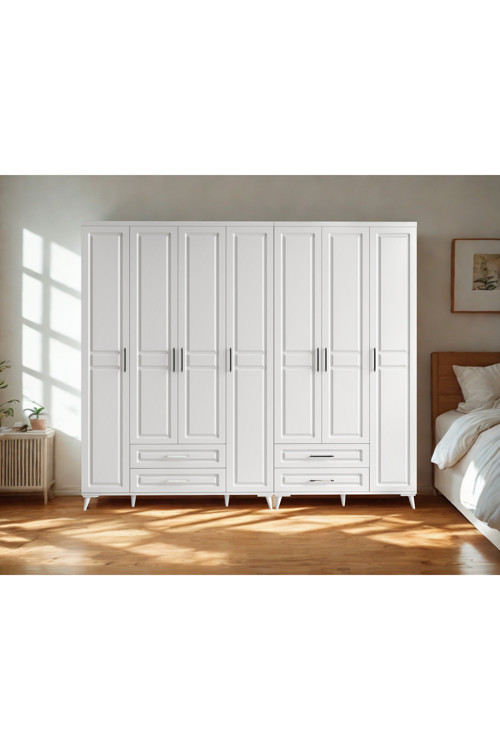 Handy 7 Kapaklı Beyaz Mdf Gardırop – Çok Çekmeceli, Frenli Ray Sistemli, Geniş Hacimli Modern Dolap