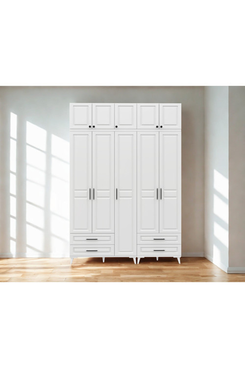 Handy 5 Kapaklı Yüklüklü Beyaz Mdf Gardırop – Çekmeceli, Frenli Ray Sistemli, 250 Cm Yüksek Modern Dolap