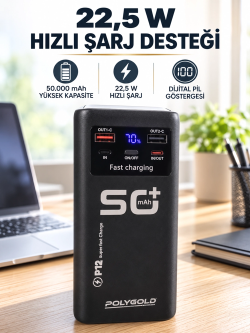 Yüksek Kapasiteli 50.000 Mah 22,5 W Hızlı 4 Dahili Kablo Led Aydınlatma