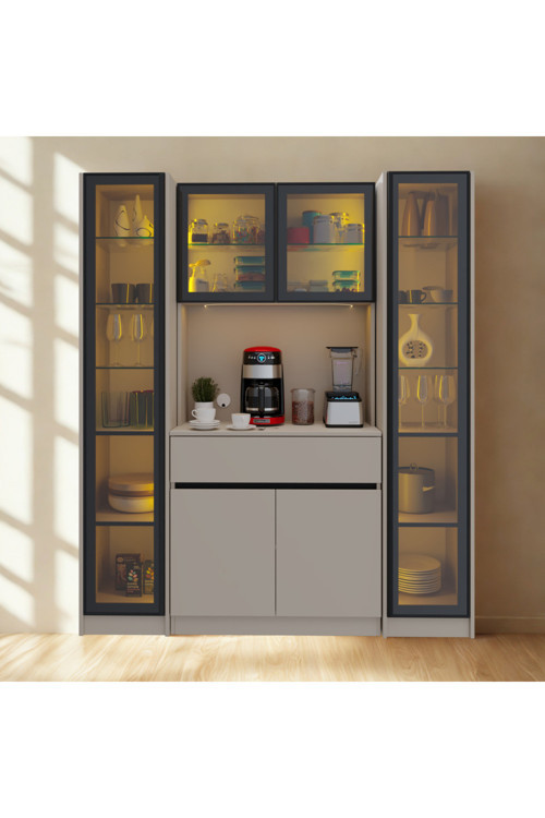 Viena Sand Maxi Modern Kahve Köşesi Ünitesi Komple Mdf Led Işıklı Vitrinli Büyük Boy Kahve Dolabı 170X205 Cm