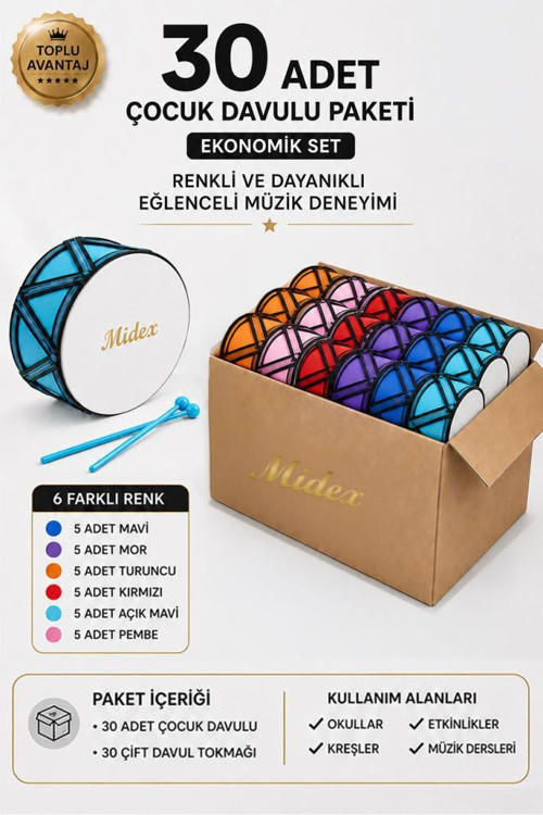 TF-20-30X Örf Aletleri Seti Çocuk Davulu Seti Toptan Paket-1 (6 Renk, 30 Adet)