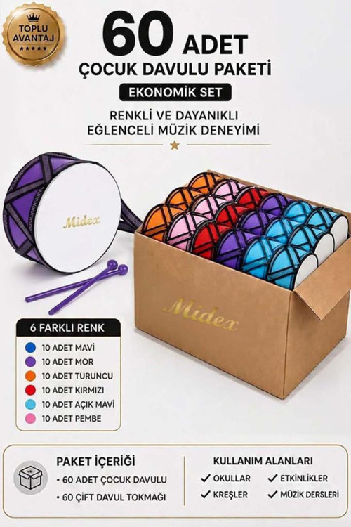 TF-20-60X Örf Aletleri Seti Çocuk Davulu Seti Toptan Paket-2 (6 Renk, 60 Adet)