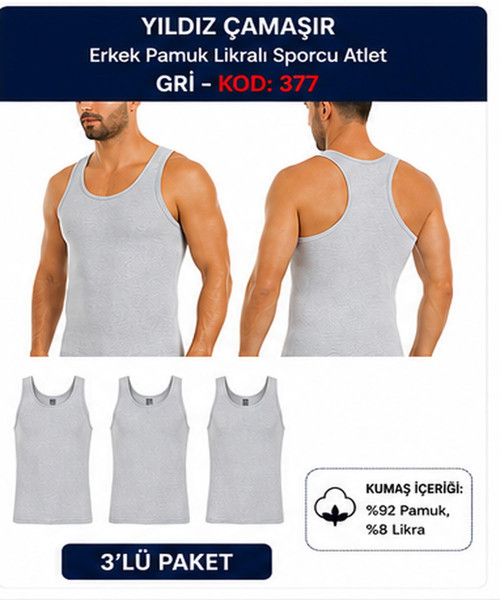 Erkek Pamuk Likralı Sporcu Atlet (375-376-377)- 3Adet
