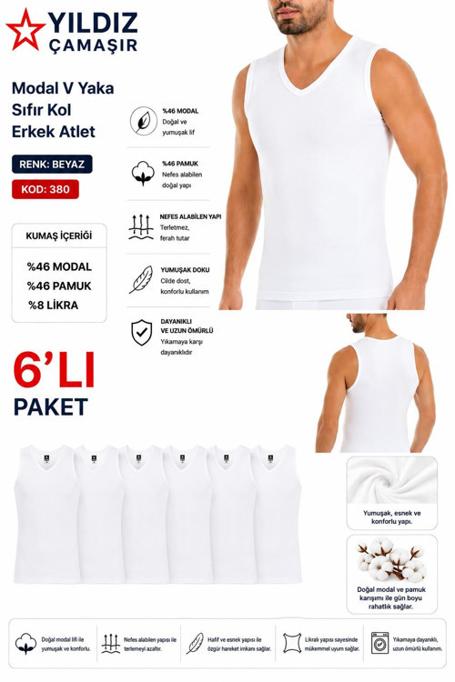 Erkek Modal V Yaka Sıfır Kol Likralı Fanila Atlet (380-381)- 6 Adet