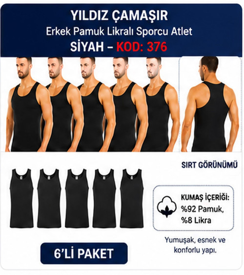 Erkek Pamuk Likralı Sporcu Atlet (375-376-377)- 6 Adet