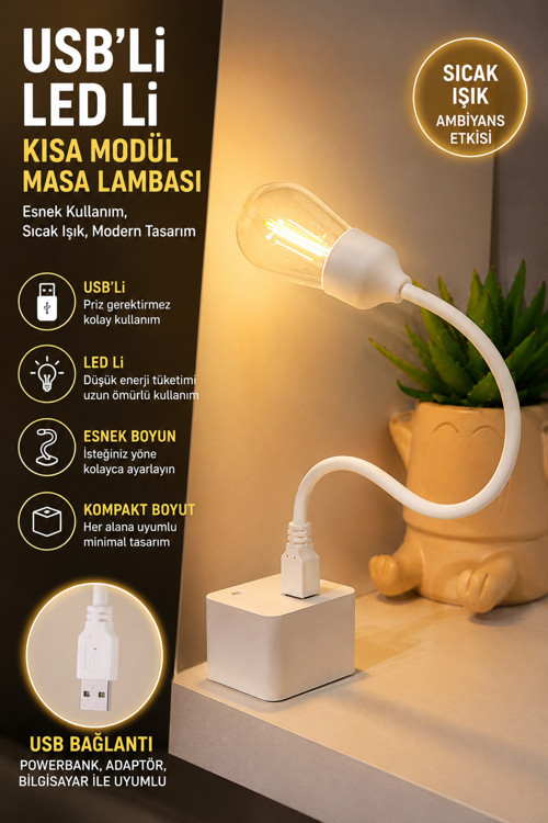 Esnek USB'li LED Gece Lambası Çalışma Okuma Masa Lambası Powerbank Uyumlu Taşınabilir Ultra Hafif Beyaz