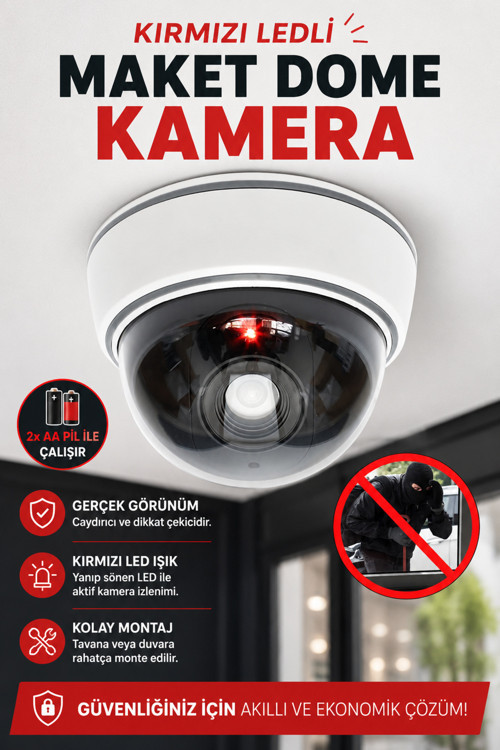 Kırmızı LEDli Pilli Maket Güvenlik Kamerası Dome Tip Maket Kamera İç Mekan Duvar ve Tavan Maket Kamera