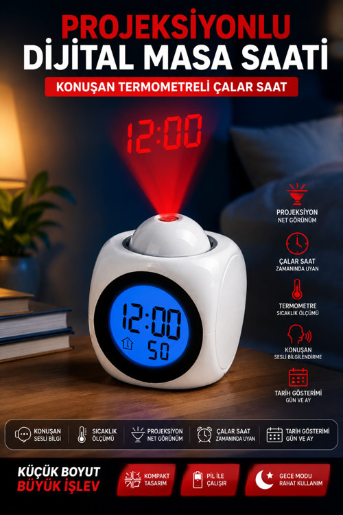 Duvara Yansıtan Projeksiyonlu Dijital Çalar Saat Konuşan Termometreli LED Alarm Masa Saati