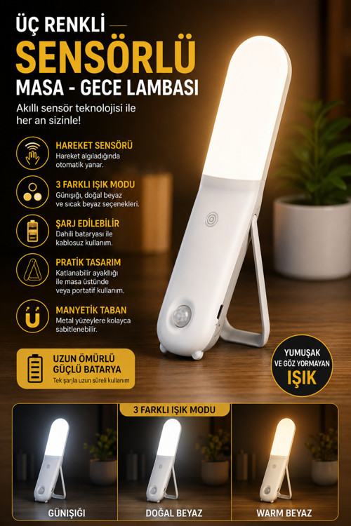 Şarjlı Sensörlü LED Gece Lambası 3 Renk Dokunmatik Manyetik Askılı Masaüstü Dolap Lambası Sensörlü