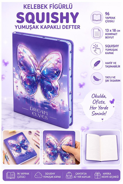 Kelebek Squıshy Yumuşak Kapaklı Defter 96 Yaprak 13x18cm 1 Adet DF-1318 Sukuşi Çizgili Defter Hediyelik Sevimli Defter