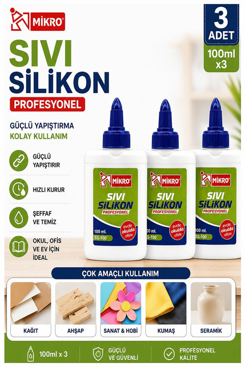 Sıvı Silikon Yapıştırıcı 100 ml 3 Adet Mikro Silikon Yapıştırıcı Sıvı 100 gr Plastik Cam Mermer Kağıt Karton Tahta Köpük