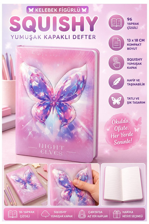 Kelebek Squıshy Yumuşak Kapaklı Defter 96 Yaprak 13x18cm 1 Adet DF-1318 Sukuşi Çizgili Defter Hediyelik Sevimli Defter