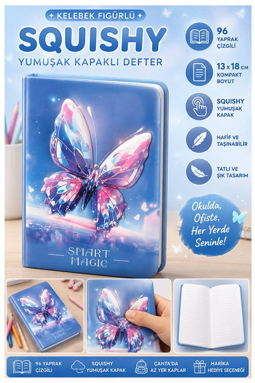Kelebek Squıshy Yumuşak Kapaklı Defter 96 Yaprak 13x18cm 1 Adet DF-1318 Sukuşi Çizgili Defter Hediyelik Sevimli Defter
