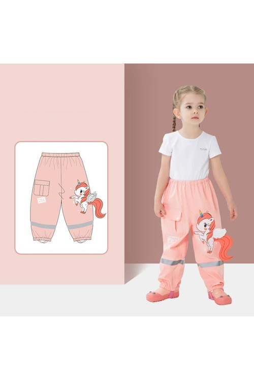Su Geçirmez Unicorn Aplike Cepli 3D Şirin Kız Çocuk Yağmur Pantolonu