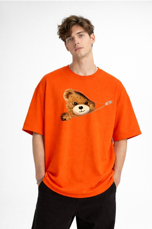 Mn - Bear Baskılı Oversize Tişört Turuncu