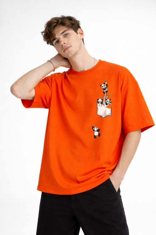 Panda - Baskılı Oversize Tişört Turuncu