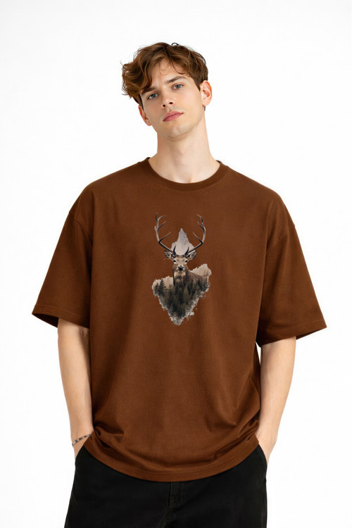 Deer - Oversize Erkek Tişört Kahve
