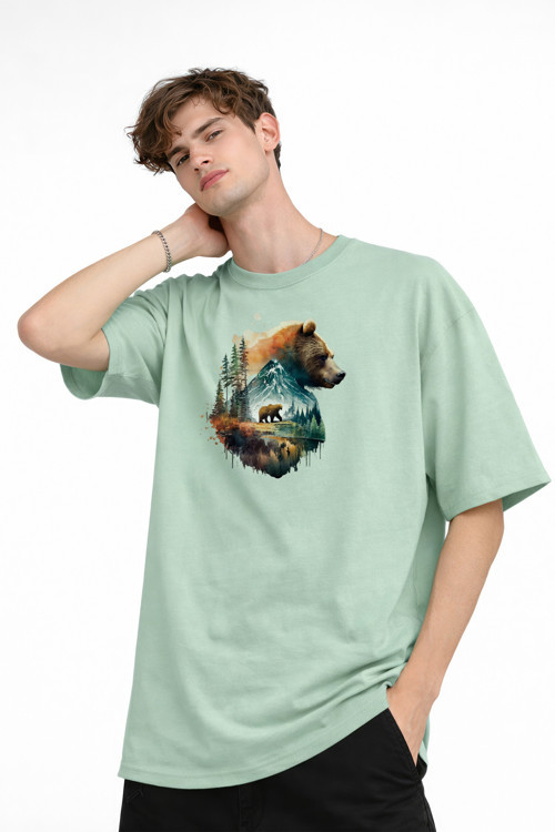 Bear2 - Oversize Tişört Su Yesılı