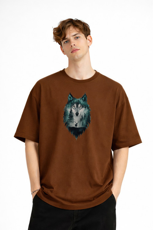 Wolf - Oversize Erkek Tişört Kahve