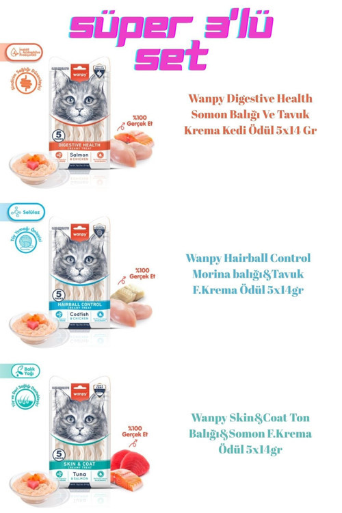 Wanpy Süper Set 3'Lü 15 Tüp Somon-Morina-Ton Balığı Kedi Ödül Maması.