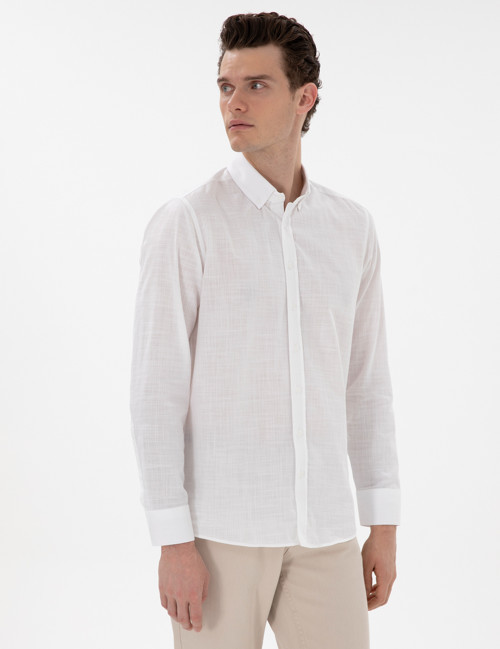 Beyaz Slim Fit Keten Görünümlü Gömlek 50302710-VR013