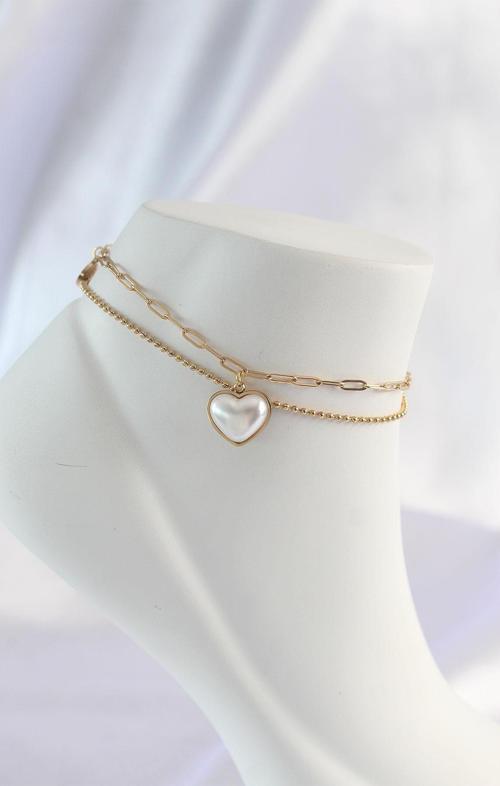 316L Çelik Gold Renk Beyaz Kalpli 2li Halhal - EBJ240601W24475