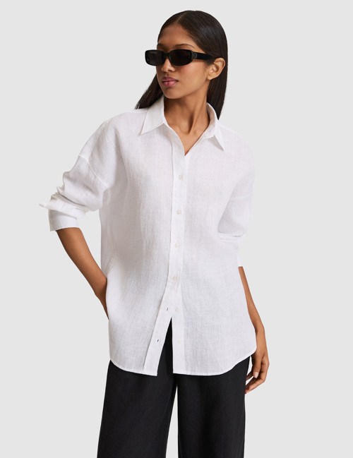 Beyaz Oversize Uzun Kollu %100 Keten Gömlek 50321208-VR013