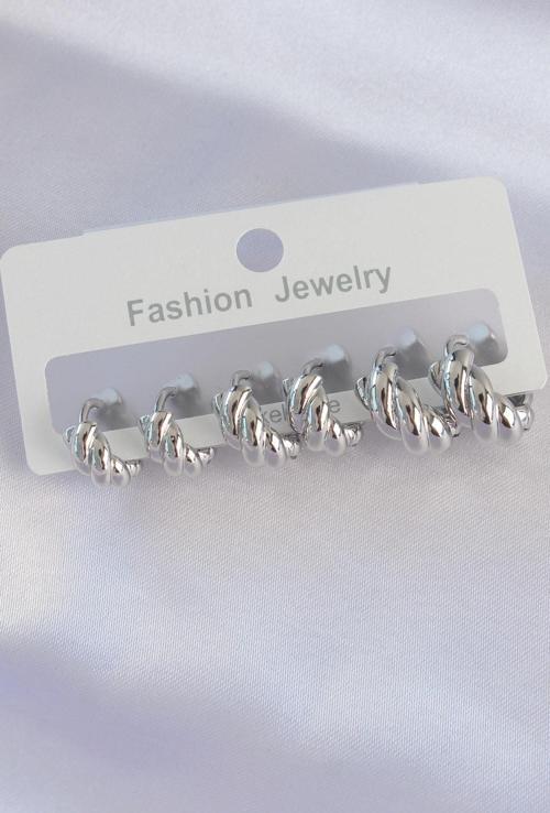 Pirinç Gümüş Renk Minimal Tırtıklı Küpe Seti - EBJ240601W24766