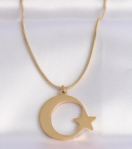316L Çelik Zincir Gold Renk Ay Yıldız Unisex Kolye - EBJ240601W24675