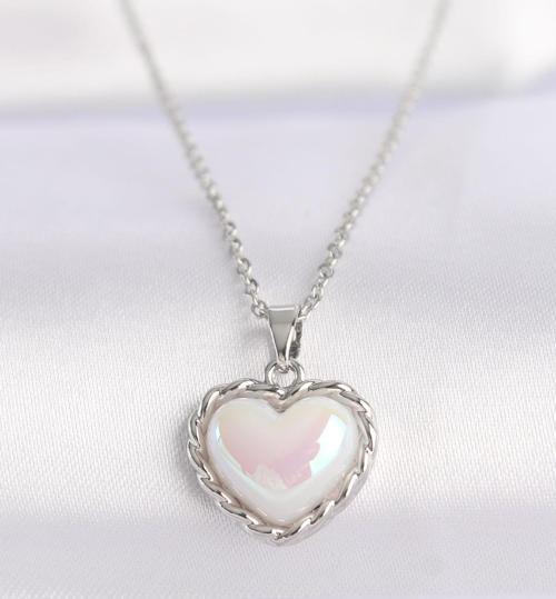 316L Çelik Zincir Gümüş Renk Beyaz Taşlı Bombeli Kalp Kolye - EBJ240601W24607