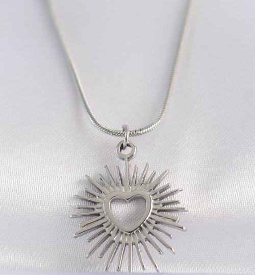 316L Çelik Zincir Gümüş Renk Kalp Güneşi Tasarımlı Kolye - EBJ240601W24634