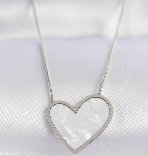 316L Çelik Zincir Gümüş Renk Mermer Desenli Kalp Kolye - EBJ240601W24632