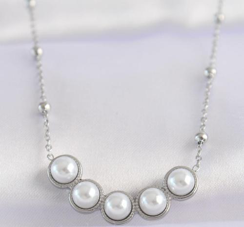 316L Çelik Zincir Gümüş Renk Sıralı İnci Taşlı Kolye - EBJ240601W24630