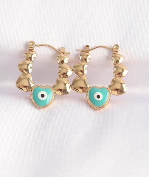 316L Çelik Gold Renk Mavi Nazarlı Kalpli Model Küpe - EBJ240601W24723