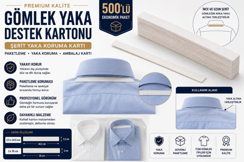Premium Gömlek Yaka Destek Kartonu 2,5x34,5 cm 500'lü | Gömlek Paketleme, Yaka Koruma ve Ambalaj Kartı