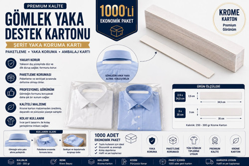 Premium Önü Beyaz Arkası Gri Gömlek Yaka Destek Kartonu 2,5x34,5 cm 1000'li | Gömlek Paketleme, Yaka Koruma ve Ambalaj K