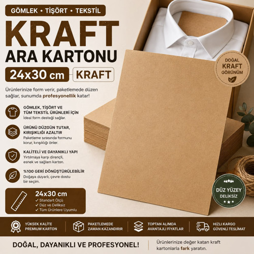 Premium Kraft Gömlek Ara Kartonu 24x30 cm 1000'li | Kazak, Tişört ve Tekstil Ürünleri İçin