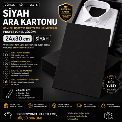 ### Premium Siyah Gömlek Ara Kartonu 24x30 cm 1000'li | Kazak, Tişört ve Tekstil Ürünleri İçin