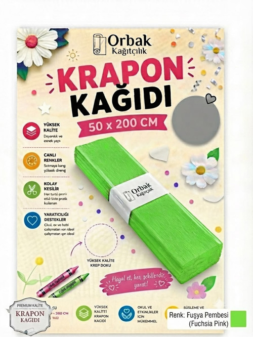 Premium Yeşil Krapon Süsleme Kağıdı 50x200 cm 60 gr | Parti, Organizasyon ve Okul Etkinlikleri İçin (1 Adet)