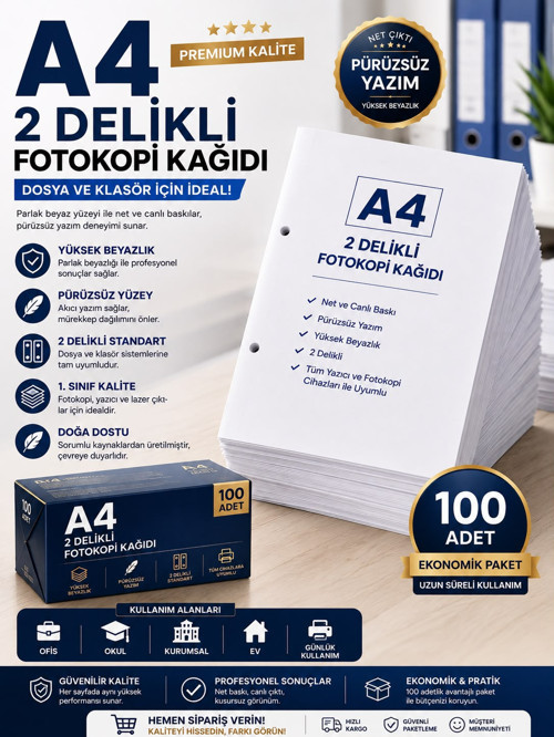 Premium A4 2 Delikli Fotokopi Kağıdı 100 Adet | Dosya ve Klasör Uyumlu Yazıcı Kağıdı