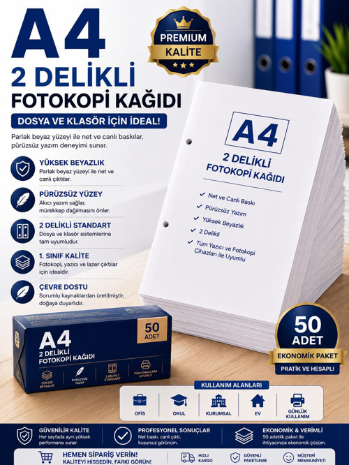 Premium A4 2 Delikli Fotokopi Kağıdı 50 Adet | Dosya ve Klasör Uyumlu Yazıcı Kağıdı