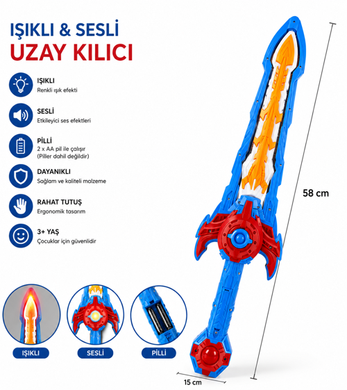 Işıklı ve Sesli Uzay Kılıcı – Renkli LED Efektli Oyuncak Kılıç | 58 cm